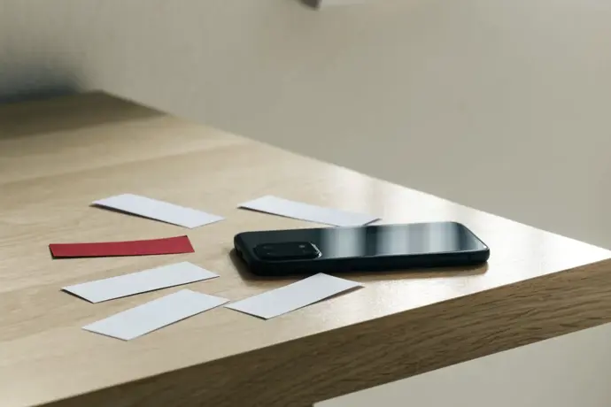 Açık renk ahşap masada yüzüstü duran bir telefon ve etrafında küçük kağıtlar, biri kırmızı