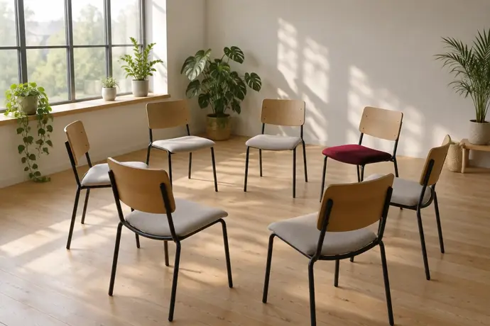 Aydınlık bir workshop odasında çember şeklinde dizilmiş sandalyeler, birinde kırmızı minder
