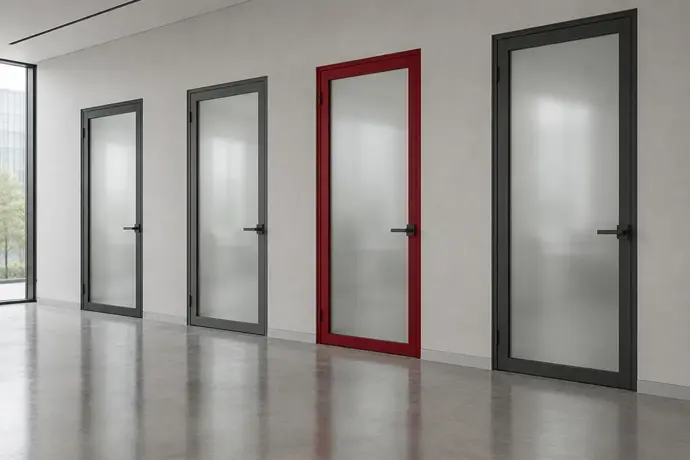 Bir koridorda dört benzer kapıdan biri bordo çerçeveyle öne çıkıyor