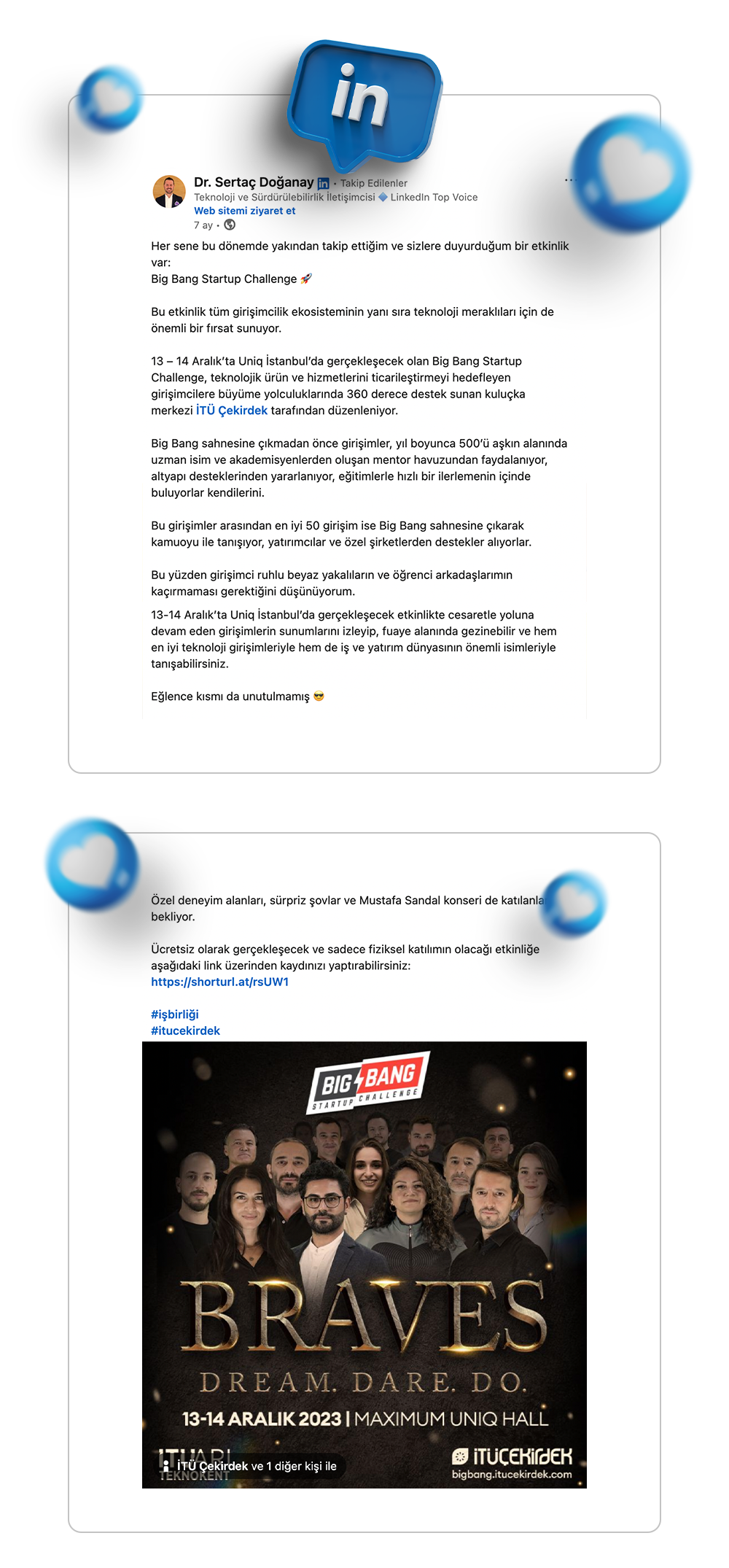 İTÜ Big Bang x M. Serdar Kuzuloğlu Fiziksel Moderasyon, LinkedIn ve Instagram Paylaşımı