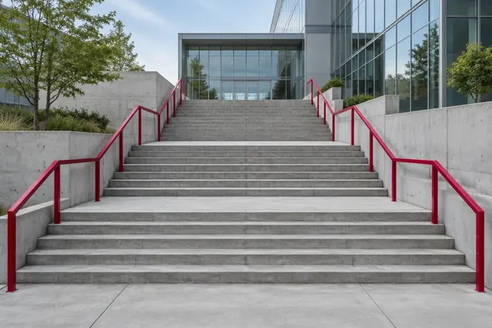 Modern bir binaya çıkan geniş beton merdiven ve kırmızı korkuluklar
