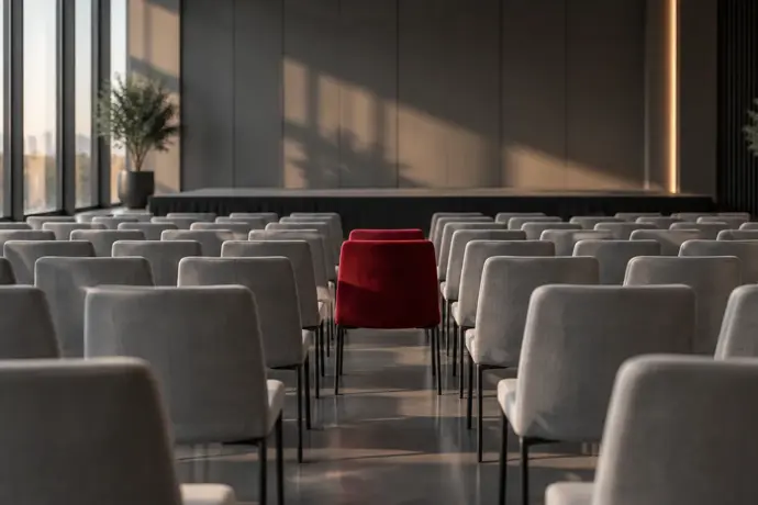 Boş bir konferans salonunda sıralı gri sandalyeler arasında tek bir bordo sandalye