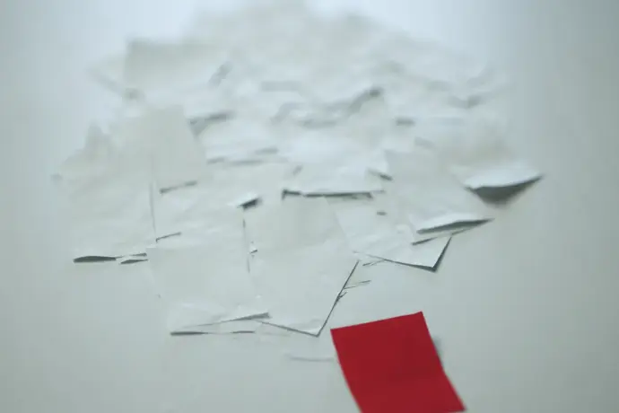 Açık renk masada dağınık beyaz kağıtların yanında duran tek bir kırmızı kart