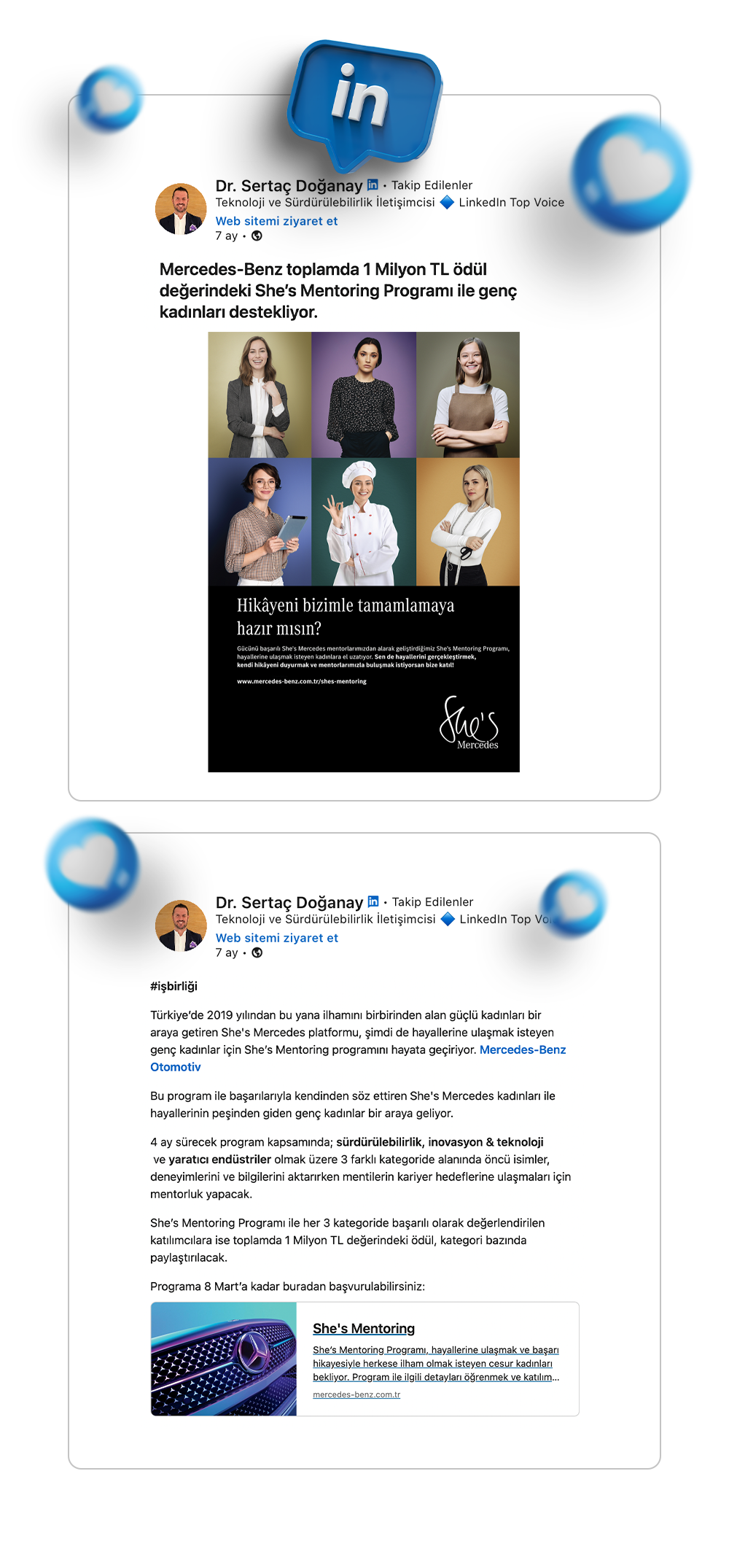 Mercedes - She’s Mentoring X Dr. Sertaç Doğanay LinkedIn Paylaşımı