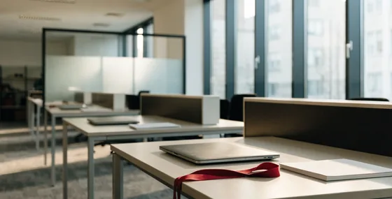 Sabah ışığında boş ofis masaları, birinin üzerinde kırmızı yaka kartı ipi