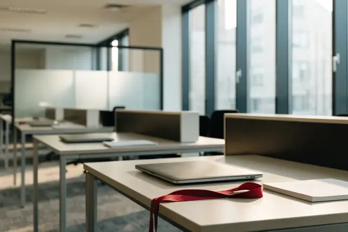 Sabah ışığında boş ofis masaları, birinin üzerinde kırmızı yaka kartı ipi