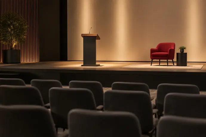Boş konferans salonunda kürsü ve kırmızı koltuk